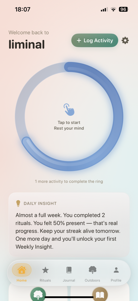 Liminal — home screen with presence ring