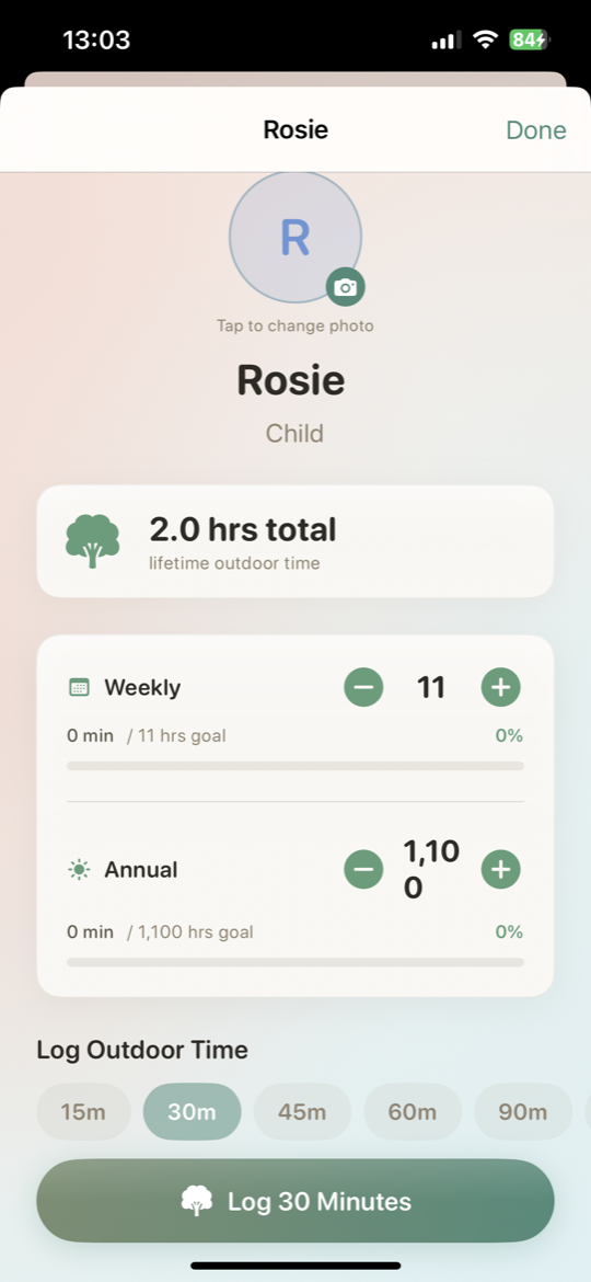 Family Tracking — log outdoor time per family member